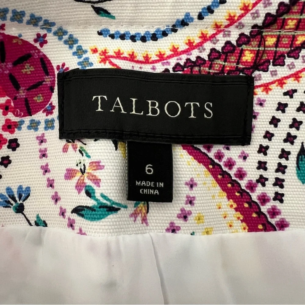 Talbots White Cotton Pencil Knee Length Skirt With Colorful Paisley Print Size 6